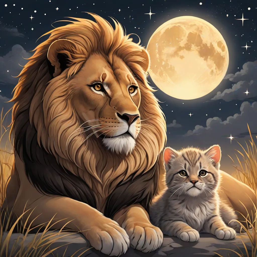 a lion and a kitten sitting in the grass under a full moon with stars and clouds in the sky, furry art, a storybook illustration, Anne Stokes, highly detailed digital painting