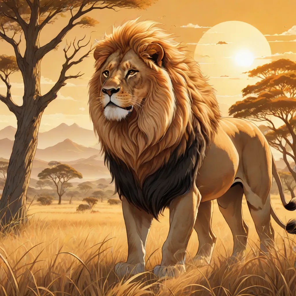 a lion standing in a field with trees in the background and a sun setting behind it, with a sky background, fantasy art, an airbrush painting, Chris LaBrooy, highly detailed digital painting