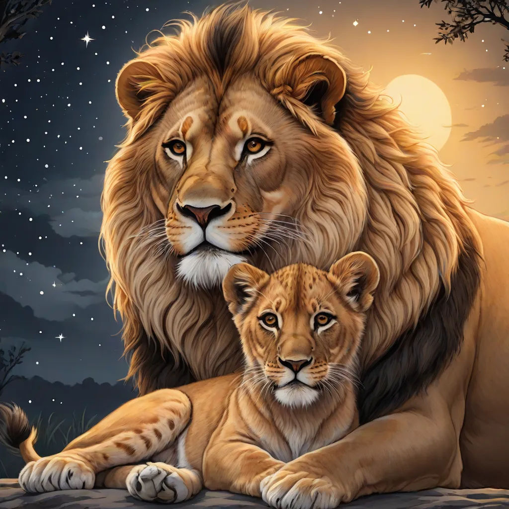 a lion and a cub are sitting in the moonlight under a full moon sky with stars and clouds behind them, furry art, an oil painting, Anne Stokes, highly detailed digital painting