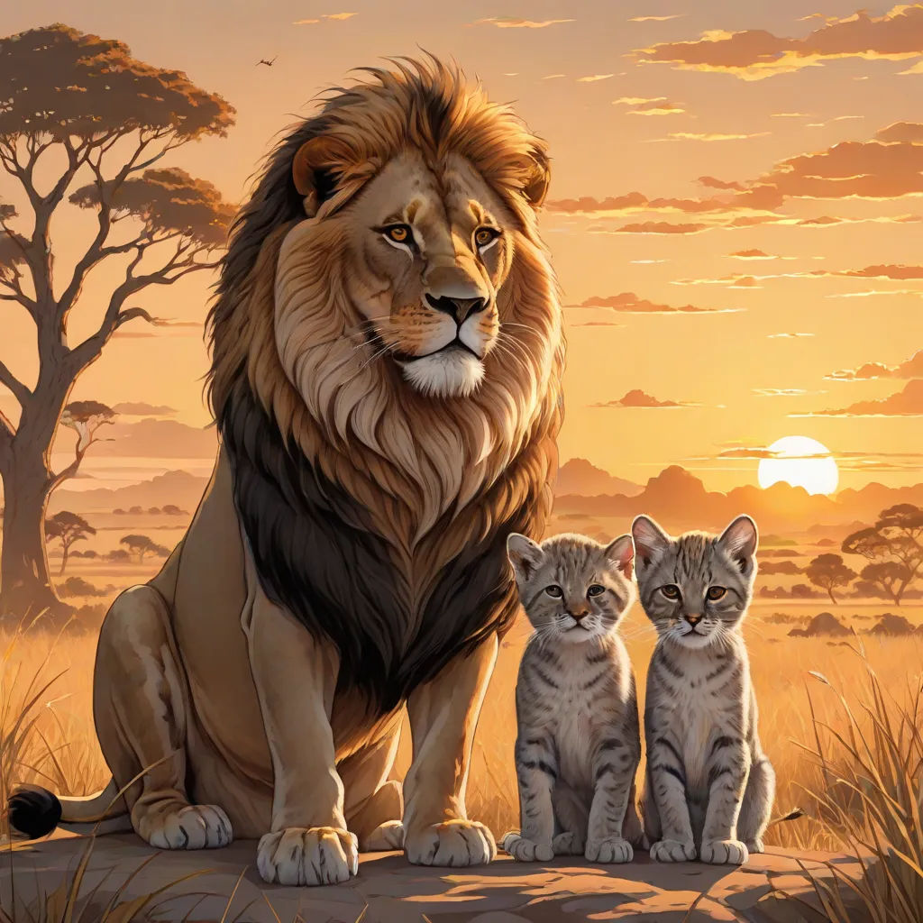 a lion and two kittens sitting in a field at sunset with a sunset in the background and a tree, furry art, an oil painting, Brothers Hildebrandt, official art