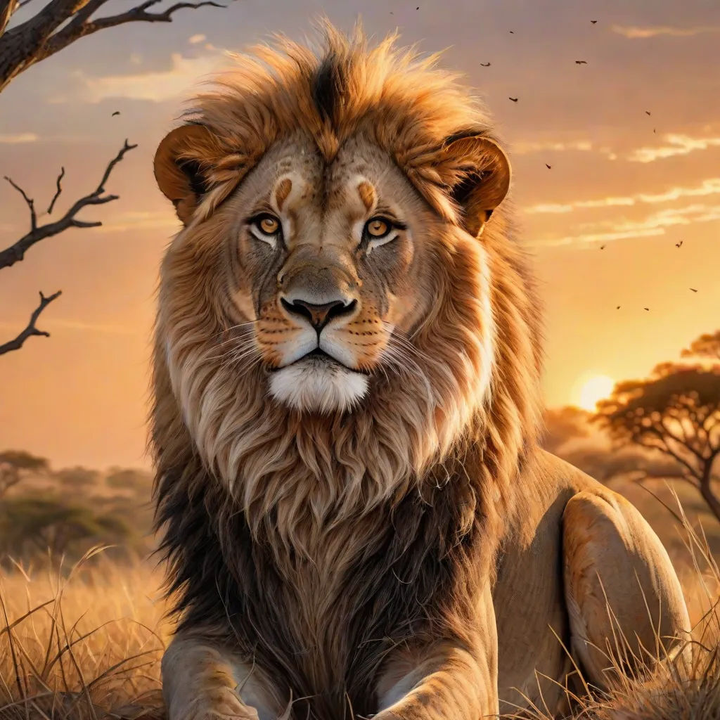 a lion sitting in the grass with a sunset in the background and a tree in the foreground with a bird flying overhead, fantasy art, a digital painting, Chris LaBrooy, highly detailed digital painting