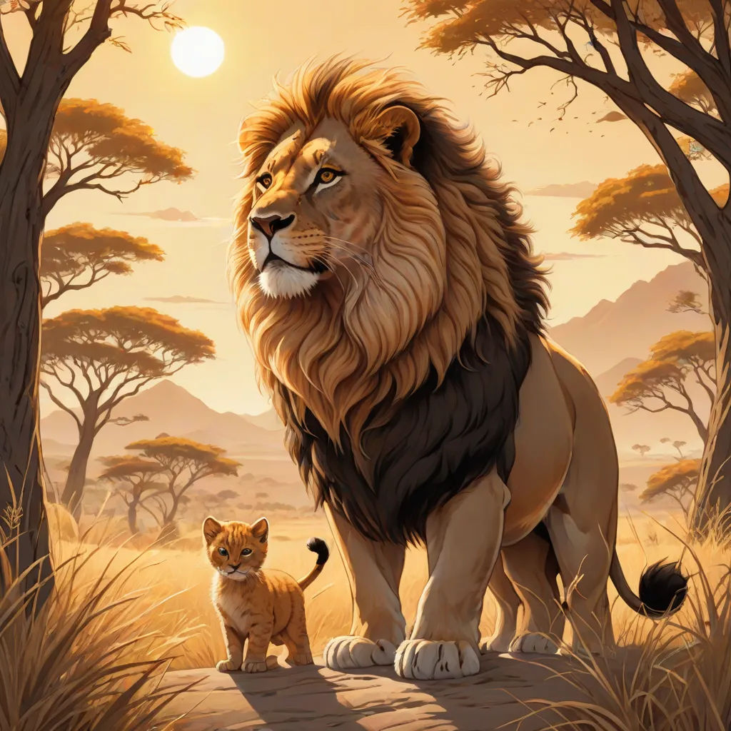 a lion and a kitten standing in a field with trees and grass in the background, with a sunset in the background, fantasy art, an oil painting, Brothers Hildebrandt, official art
