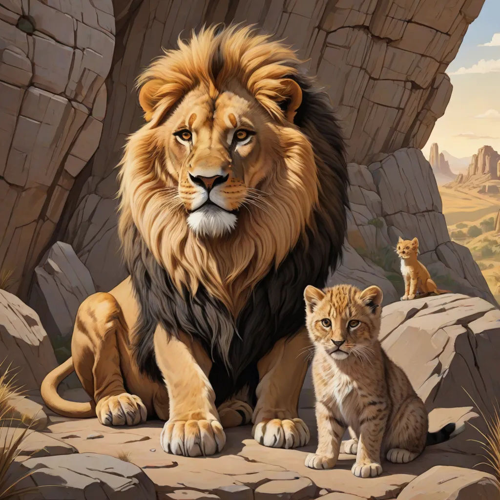 a lion and a kitten sitting on a rock formation with a mountain background in the background, with a sky background, furry art, an airbrush painting, Brothers Hildebrandt, highly detailed digital painting