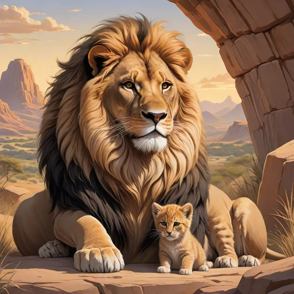 a lion and a kitten sitting on a rock in a desert setting with a mountain backdrop and a sky background, furry art, an oil painting, Brothers Hildebrandt, highly detailed digital painting