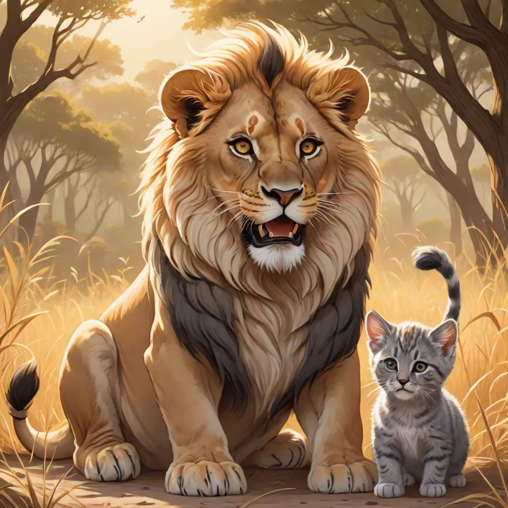 a painting of a lion and a kitten in a field of grass and trees with a sun shining through the trees, furry art, an oil painting, Brothers Hildebrandt, highly detailed digital painting