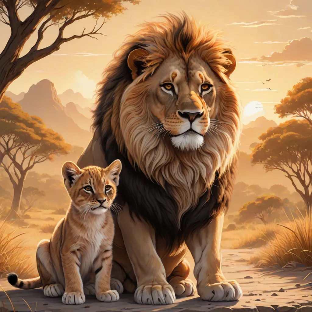 a lion and a kitten sitting on a dirt road in front of a sunset sky with trees and mountains, furry art, an oil painting, Brothers Hildebrandt, highly detailed digital painting