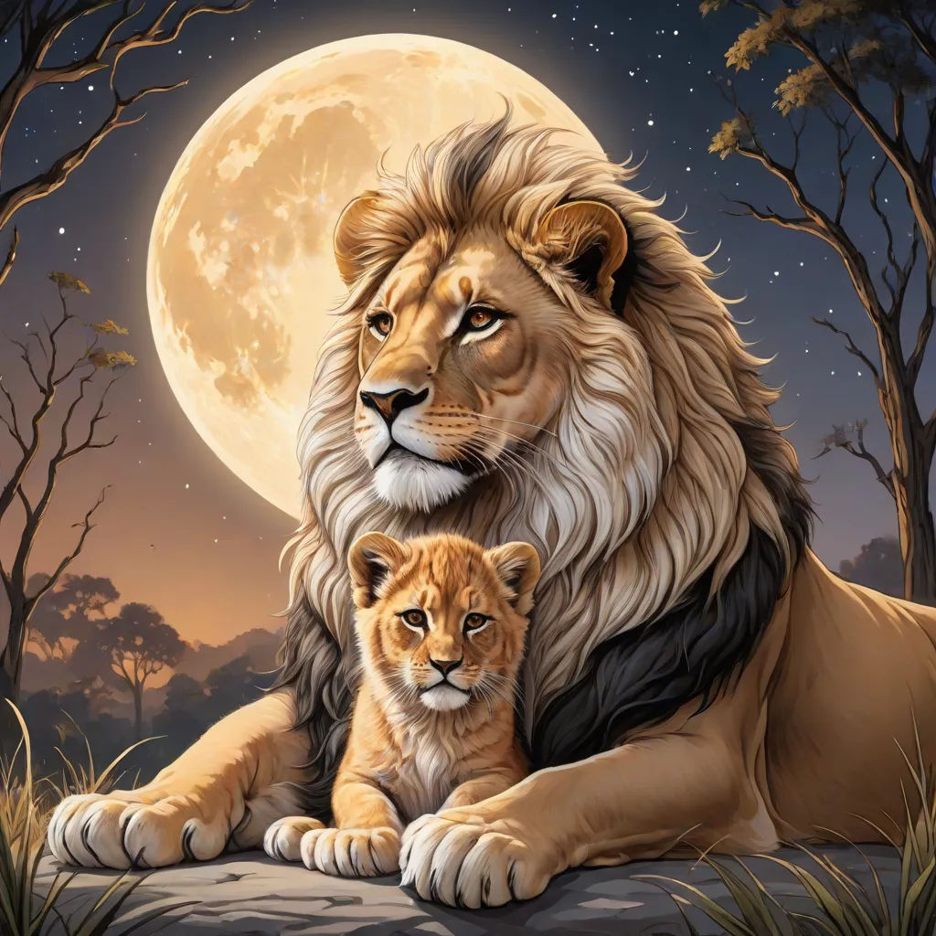 a lion and a cub are sitting in front of a full moon with trees and grass in the background, furry art, a storybook illustration, Carlos Catasse, highly detailed digital painting