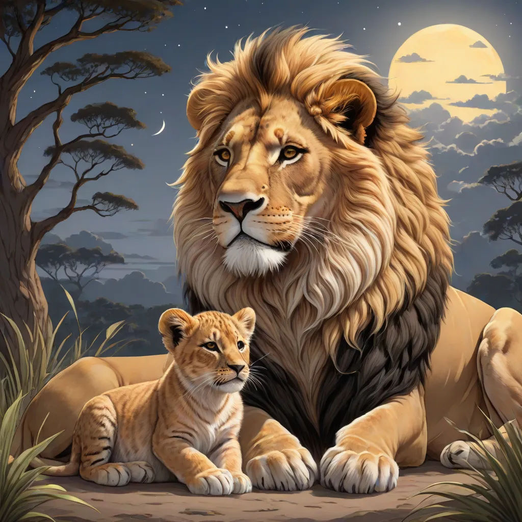 a lion and a cub sitting in the grass under a full moon sky with trees and grass in the background, fantasy art, an airbrush painting, Brothers Hildebrandt, highly detailed digital painting