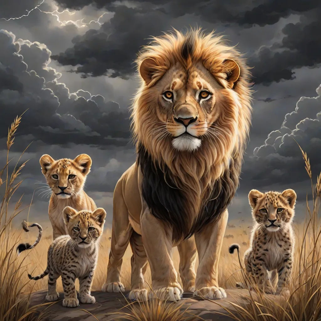 a painting of a lion with cubs in a field of grass under a cloudy sky with lightning clouds and lightning, fantastic realism, an oil painting, Brothers Hildebrandt, highly detailed digital painting