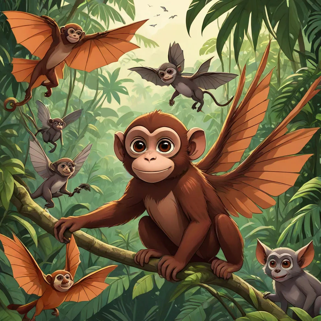 a monkey sitting on a branch with many other animals around him in the jungle with trees and leaves in the background, fantasy art, a storybook illustration, Cliff Childs, promotional image