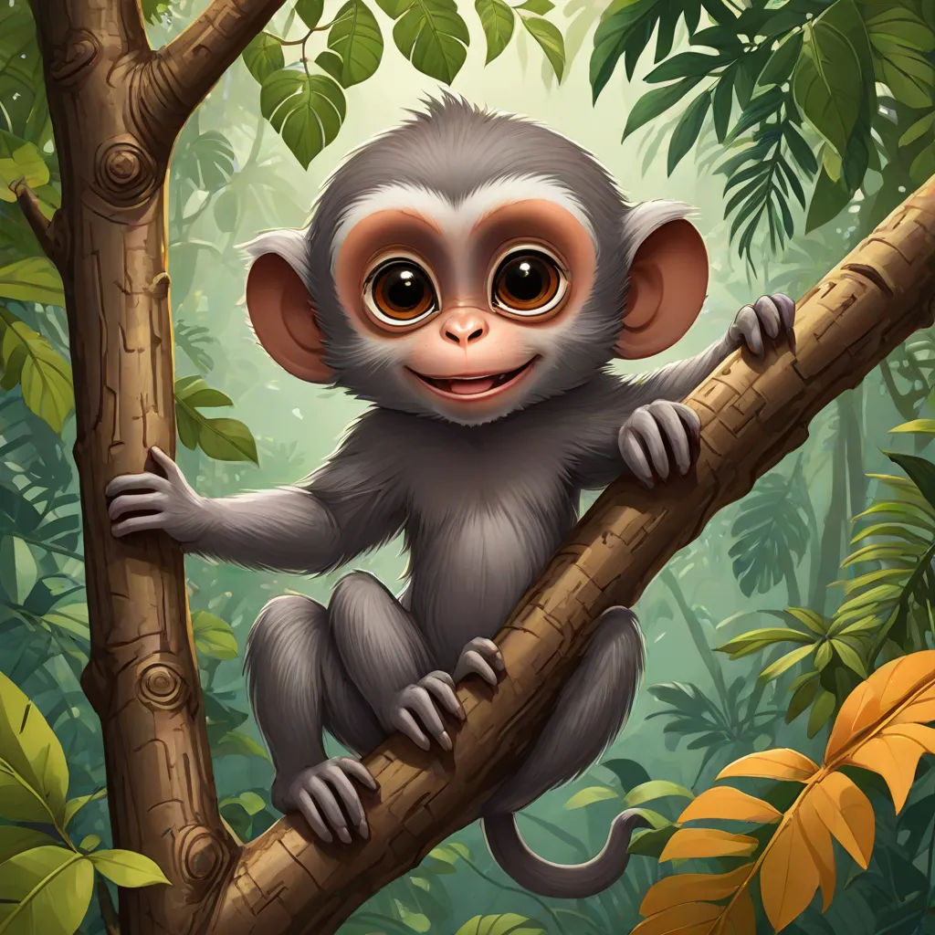 a monkey sitting on a tree branch in a jungle with leaves and plants around it, with a smiling face, fantasy art, a digital painting, Chris LaBrooy, behance hd