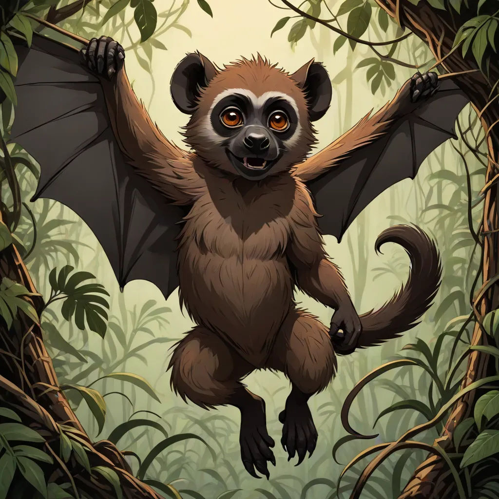 a brown and black animal with a large black bat in its mouth in a forest with green leaves and branches, altermodern, an illustration of, Chris LaBrooy, fullbody