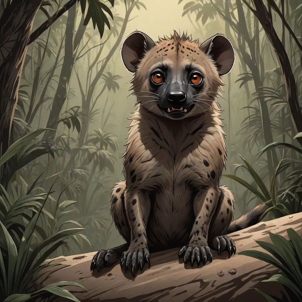a painting of a hyena sitting on a log in a forest with trees and foliages behind it, furry art, a character portrait, Chris LaBrooy, official art