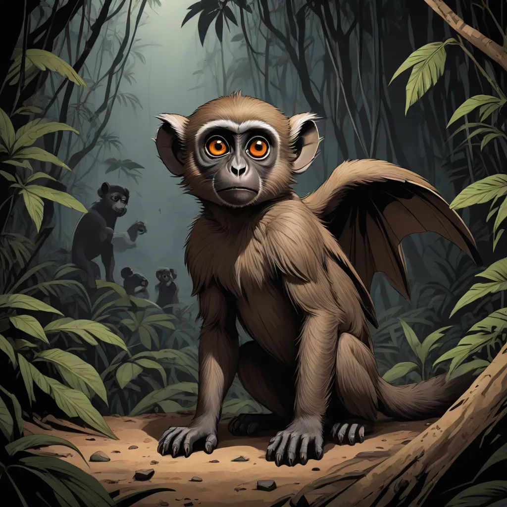 a monkey with orange eyes sitting on a tree branch in a jungle with other monkeys in the background and a full moon, sumatraism, an illustration of, Chris LaBrooy, promotional image