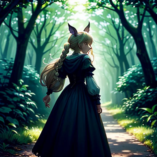 a girl in a forest with a wolf ears on her head and a long dress on her shoulders, looking at the forest
