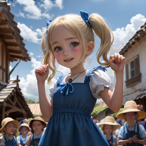 a little girl in a blue dress standing in front of a crowd of children in a village with a sky background