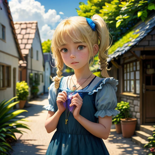 a little girl in a blue dress holding a flower in her hands and looking at the camera with a house in the background