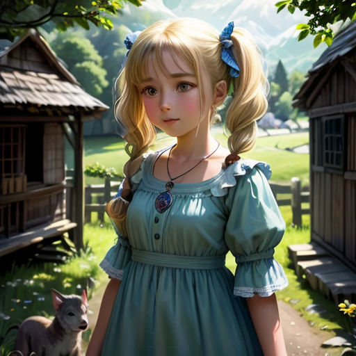 a painting of a girl in a green dress standing in front of a dog and a house with a mountain in the background