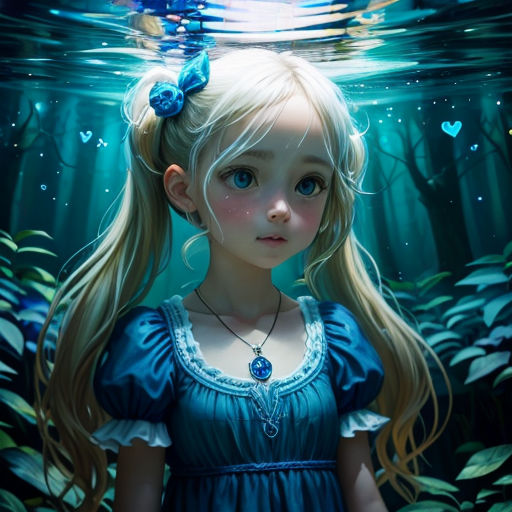 a painting of a girl in a blue dress under water with a blue heart on her necklace and a blue bow in her hair