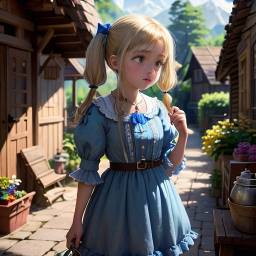 a girl in a blue dress holding a basket of flowers in a village with a mountain in the background