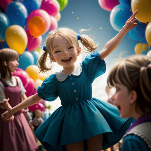 a little girl is standing in front of balloons and holding her arms up in the air with her hands