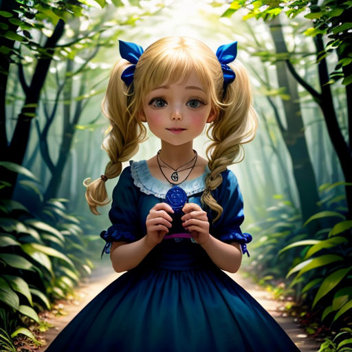 a painting of a little girl in a forest holding a blue ball in her hands and looking at the camera