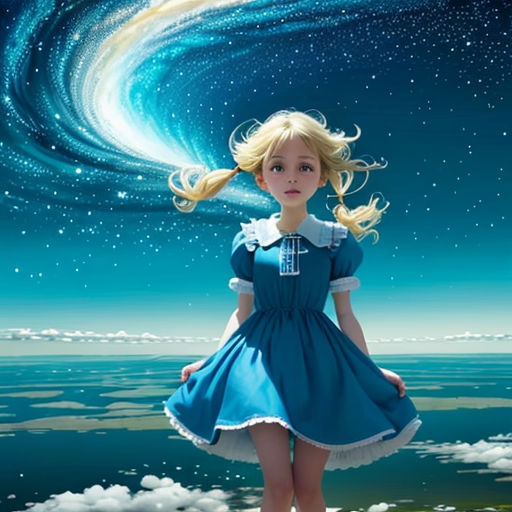 a girl in a blue dress standing on a rock in the ocean with a blue sky and stars above her