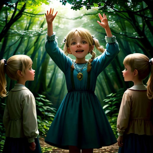 a painting of three children in a forest with their hands up in the air and a light shining through the trees