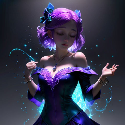 a woman in a purple dress with a butterfly on her shoulder and a butterfly on her shoulder, holding a wand
