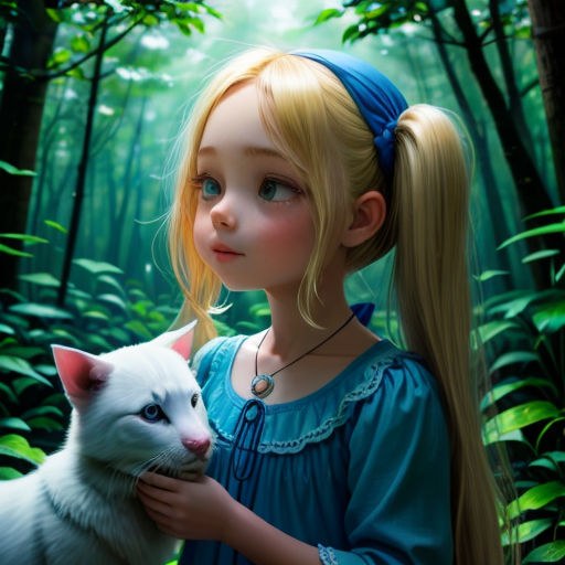 a painting of a girl holding a white cat in a forest with trees and bushes behind her and a forest background