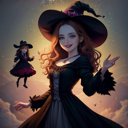 a painting of a woman in a witch costume and a witch hat with a cat on her head and a witch flying above her