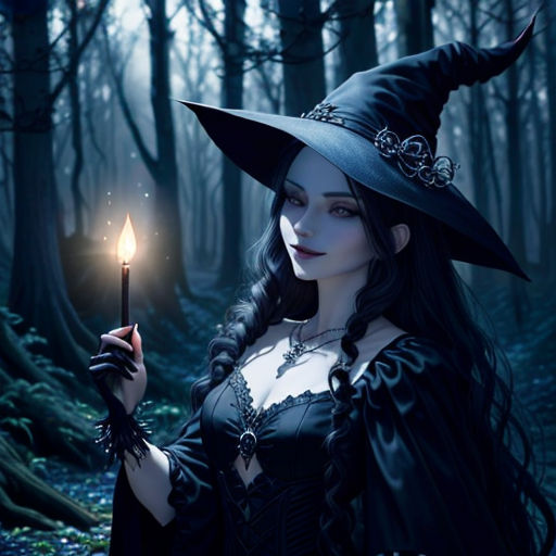a woman dressed in a witch costume holding a candle in a forest at night with a full moon behind her