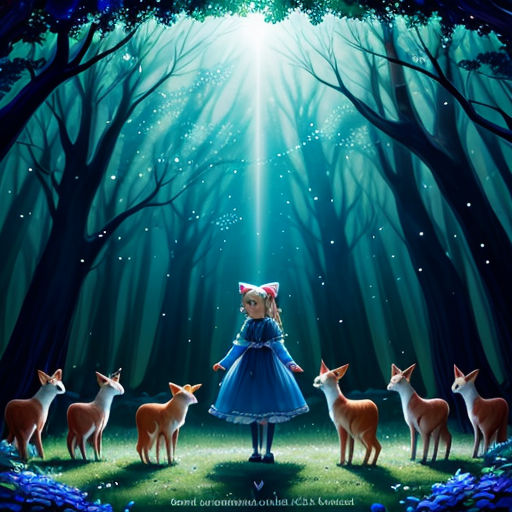 a painting of a little girl surrounded by deer in a forest with a light shining through the trees and a forest floor