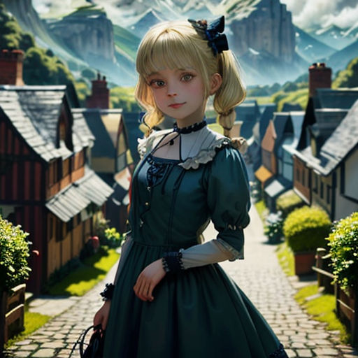 a woman in a green dress standing in front of a village with mountains in the background and a sky with clouds