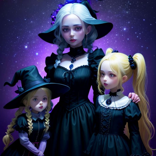 a painting of three girls dressed in witches costumes and hats, standing in front of a purple background with stars