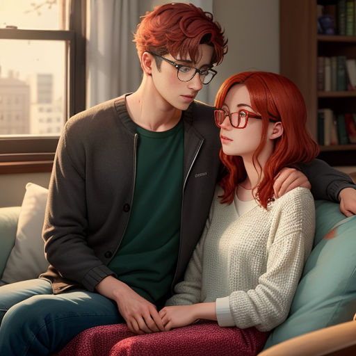 a man and a woman sitting on a couch together, looking at each other's eyes and smiling