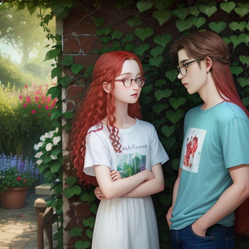 a painting of two people standing next to each other in front of a wall of flowers and plants with a green background
