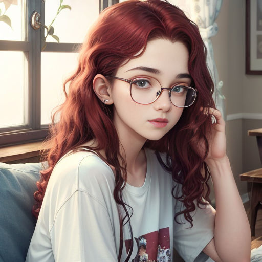 a girl with red hair and glasses sitting on a couch in front of a window with a cat on it