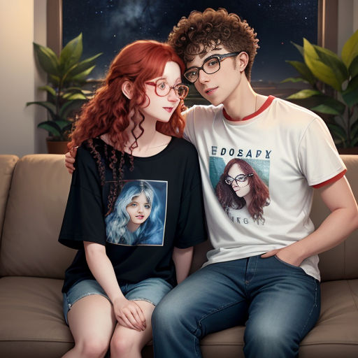 a couple of people sitting on a couch together with a window in the background and a plant in the foreground