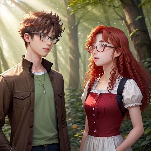 a couple of people standing in a forest with trees and leaves behind them, one of them is wearing glasses