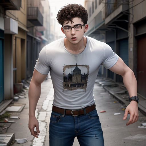 a man in a white shirt and jeans is walking down a street with a clock on his shirt and a building in the background