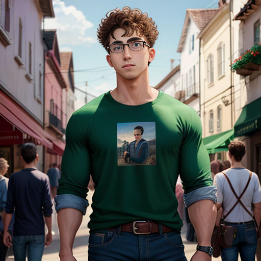 a man in a green shirt is walking down the street with a camera in his hand and a picture on his shirt