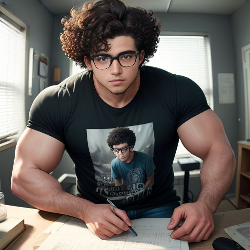a man with curly hair and glasses sitting at a desk with a book and pen in his hand and a poster on his shirt