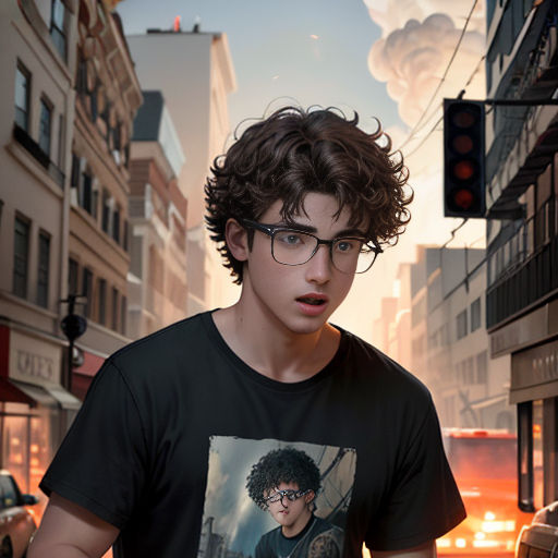 a young man with glasses standing in a city street at sunset with a poster of harry potter on his t - shirt