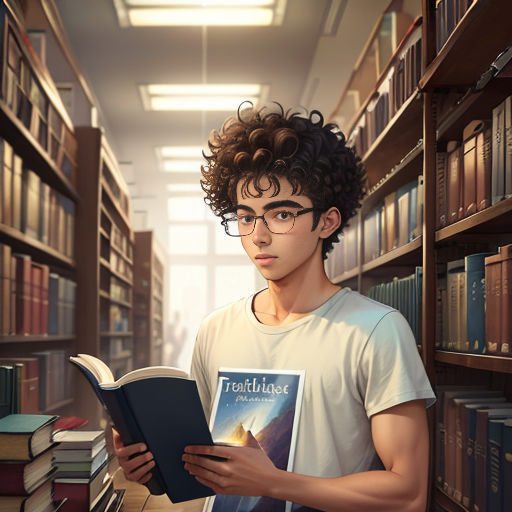 a young man reading a book in a library with bookshelves full of books behind him and a light coming from the ceiling