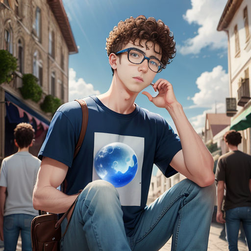 a man sitting on a sidewalk with a blue planet on his shirt and a brown bag on his lap