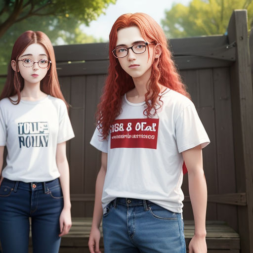 two people wearing t - shirts with words on them, one of them is red - haired and the other is blue