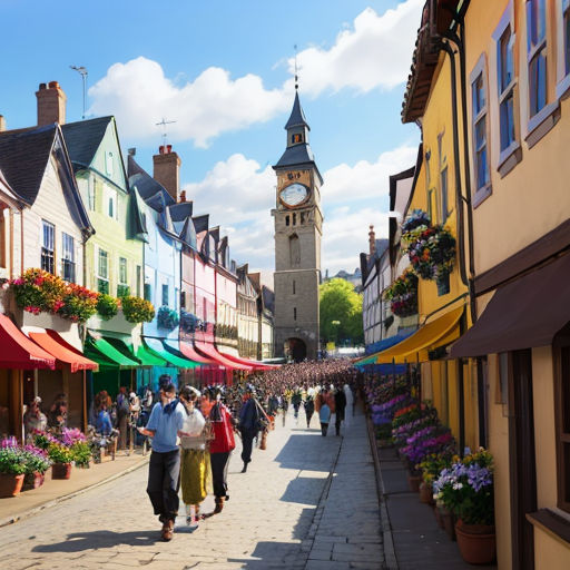 a group of people walking down a street next to tall buildings with a clock tower in the background and a crowd of people walking down the street