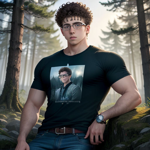 a man with glasses standing in a forest with trees and rocks in the background, wearing a black shirt with a picture of harry potter
