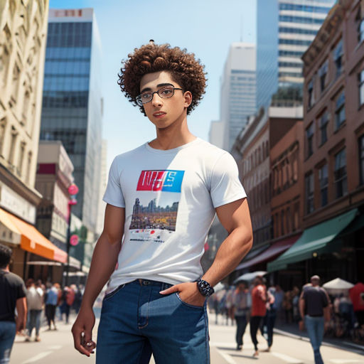 a man standing on a street corner with his hands in his pockets and a cityscape in the background